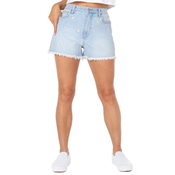 Juniors Daisy Embroidered Denim Jean Shorts Frayed Hem 5 Pocket Size 19/34 NWT - Picture 3 of 4